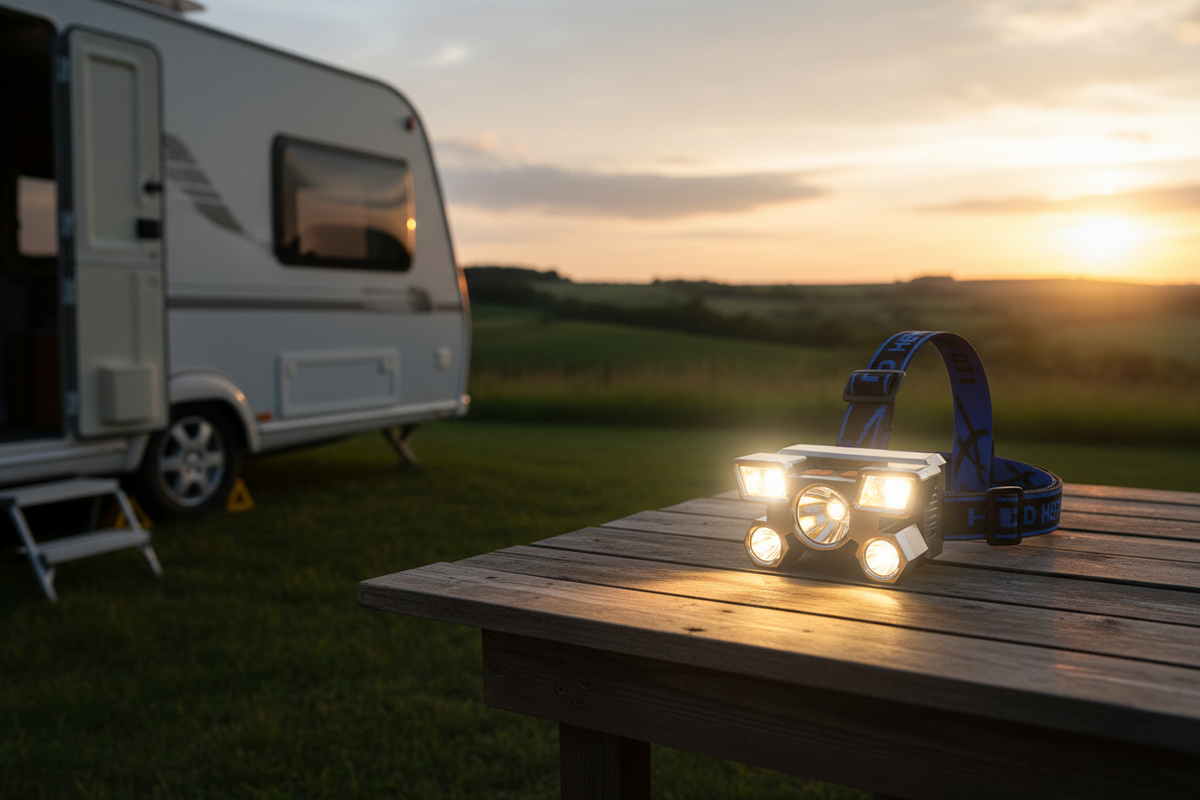 Rechargeable 5 LED headlamp glowing on a wooden camping table at sunset beside a caravan