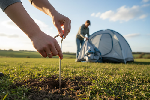 Hands pulling a lightweight aluminium tent peg out of the ground while packing up camp in British countryside