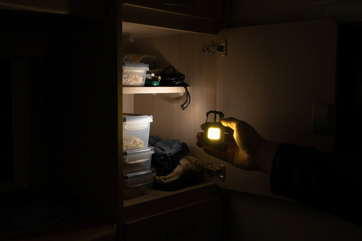 Hand holding a glowing COB keychain light illuminating the inside of a dark caravan cupboard