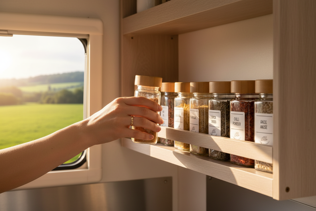 Close up of hands reaching for a glass spice jar from a row of jars on a caravan kitchen shelf