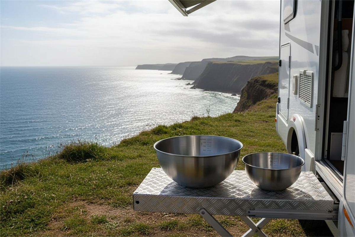 Three stainless steel mixing bowls in small, medium and large sizes on a motorhome step with a coastal clifftop view