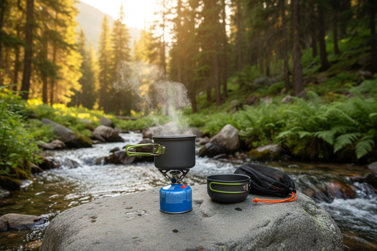 Ultralight Camping Cookware — Golden Hour Lifestyle Scene
